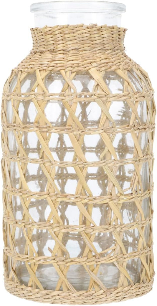 Round Glass Vase Glass Flower Vase Rattan Woven Dried Flower Vase Rustic Flower Bottle Floral Arrangement Holder Floral Container for Home Table Centerpiece Party Decor L Rustic Table Decor