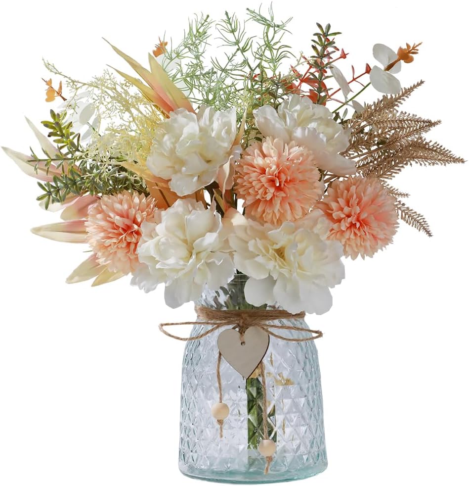Silk Flowers in Vase, Artificial Flowers with Vase Fake Flowers Arrangement Faux Dahlia for Decoration Table Centerpiece (Dahlia)