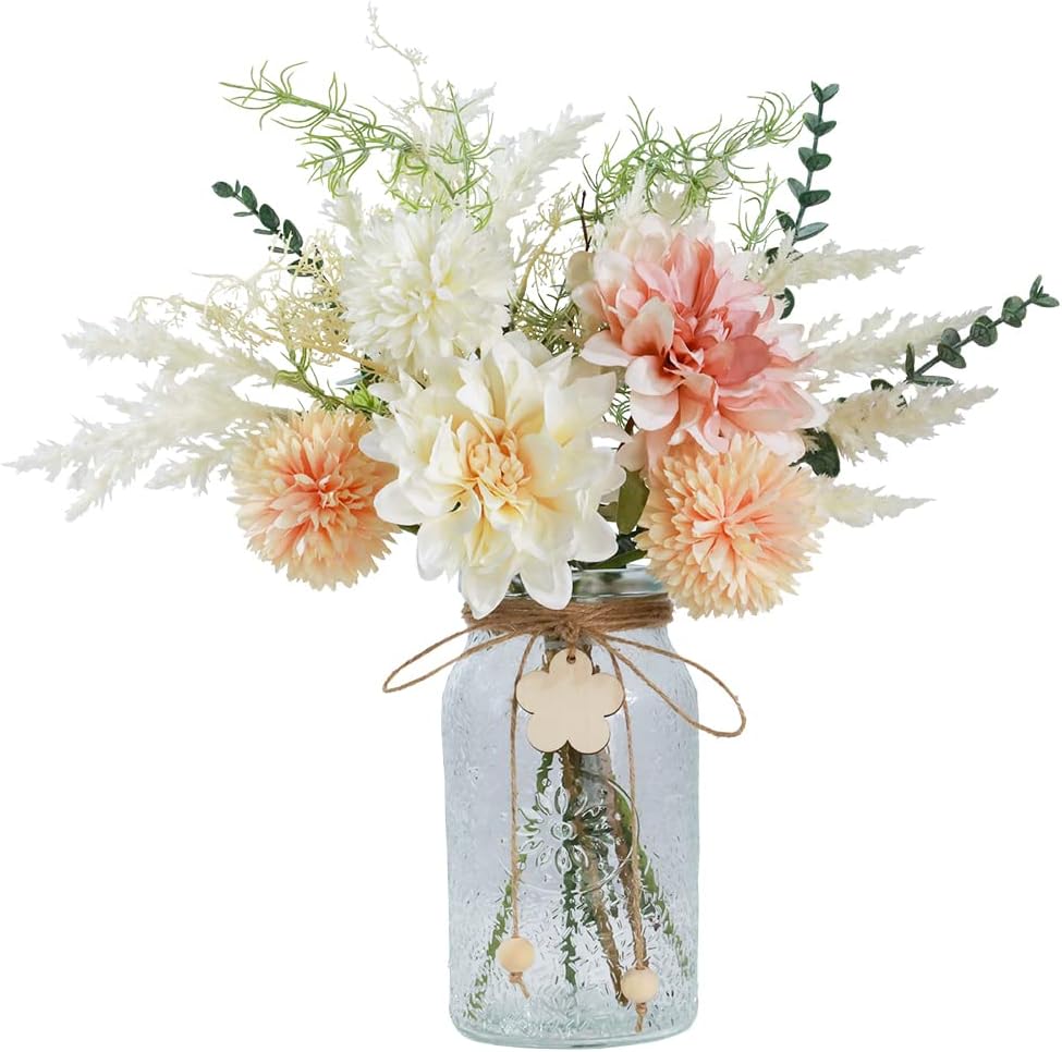 Silk Flowers in Vase, Artificial Flowers with Vase Fake Flowers Arrangement Faux Dahlia for Decoration Table Centerpiece (Dahlia)