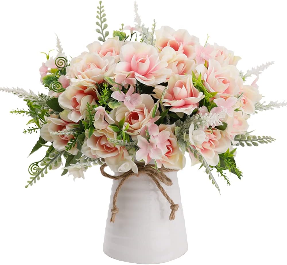 LESING Artificial Flowers with Vase Fake Silk Flowers in Vase Gardenia Flowers Decoration for Home Table Office Party (Champagne)