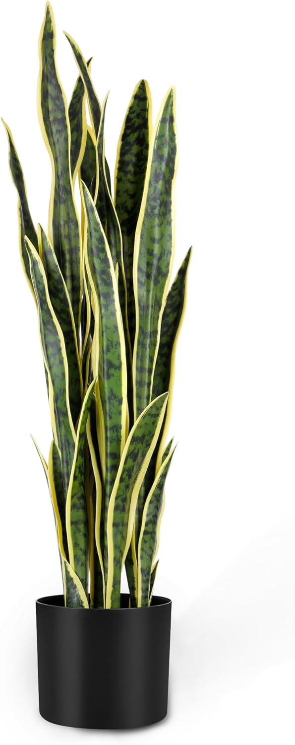 KOL 3ft 2-Pack Artificial Snake Plant - 32 Thick Lifelike Leaves, Faux Silk Sansevieria for Indoor Home & Garden Decor, 35in Potted Fake Mother-in-Law's Tongue Plants, Green