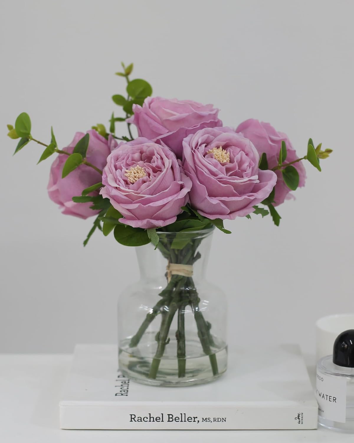 Artificial Flowers with White Roses in Vase, Fix Lifelike Fake Flowers in Vase with Artificial Water, Faux Flower Arrangements for Dining Table Centerpiece Decor