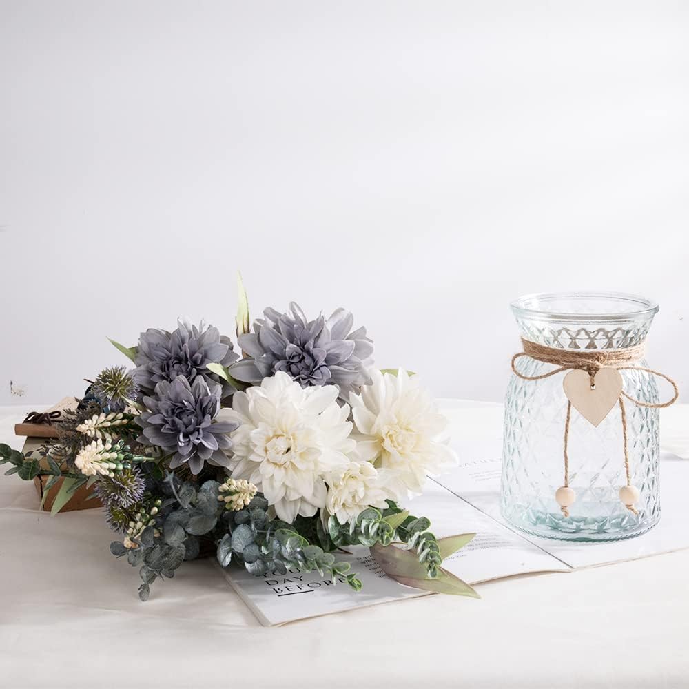 Silk Flowers in Vase, Artificial Flowers with Vase Fake Flowers Arrangement Faux Dahlia for Decoration Table Centerpiece (Dahlia)