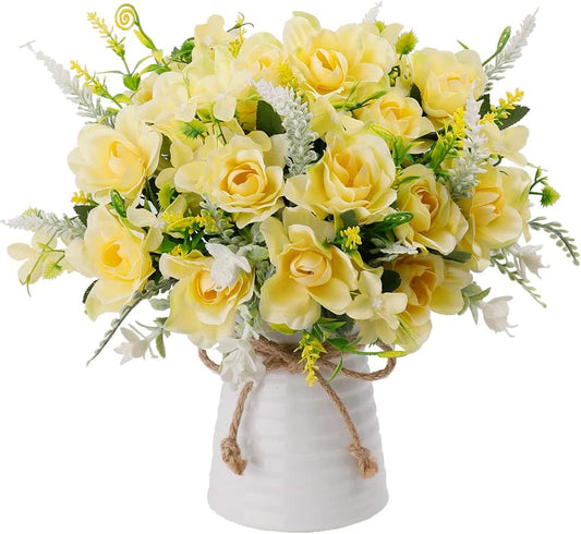 LESING Artificial Flowers with Vase Fake Silk Flowers in Vase Gardenia Flowers Decoration for Home Table Office Party (Champagne)