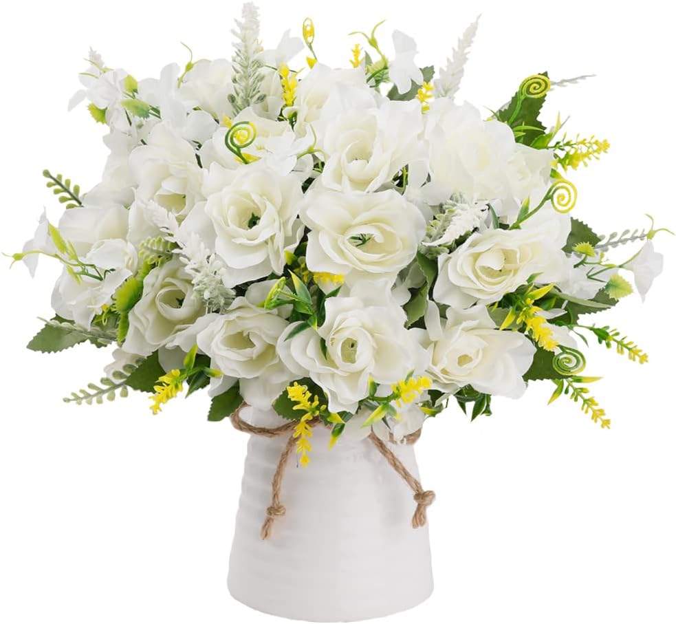 LESING Artificial Flowers with Vase Fake Silk Flowers in Vase Gardenia Flowers Decoration for Home Table Office Party (Champagne)