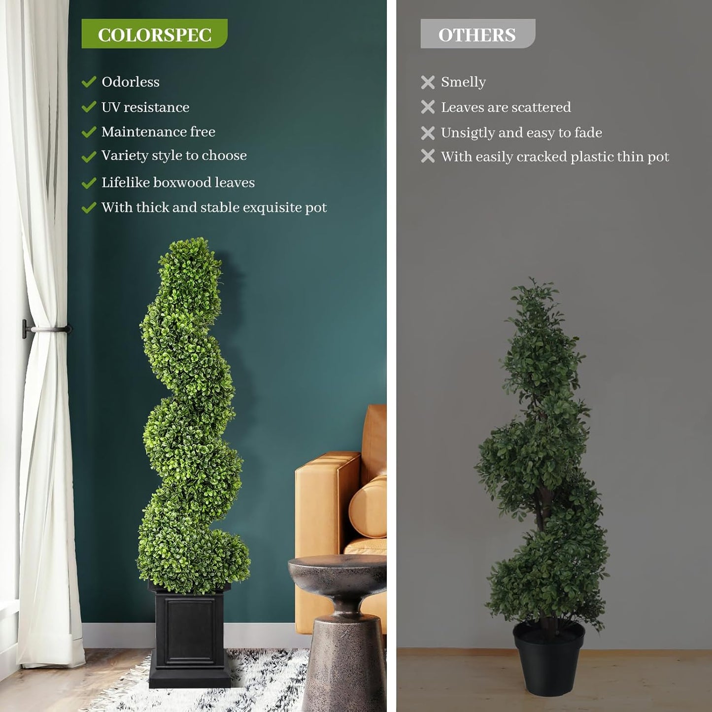Boxwood Outdoor Topiary Set of 2, 3.5ft Tall Porch Trees, All-Year Green Fake Plant Topiary Trees Artificial Outdoor with Sturdy Pot for Porch Indoor (Spiral)