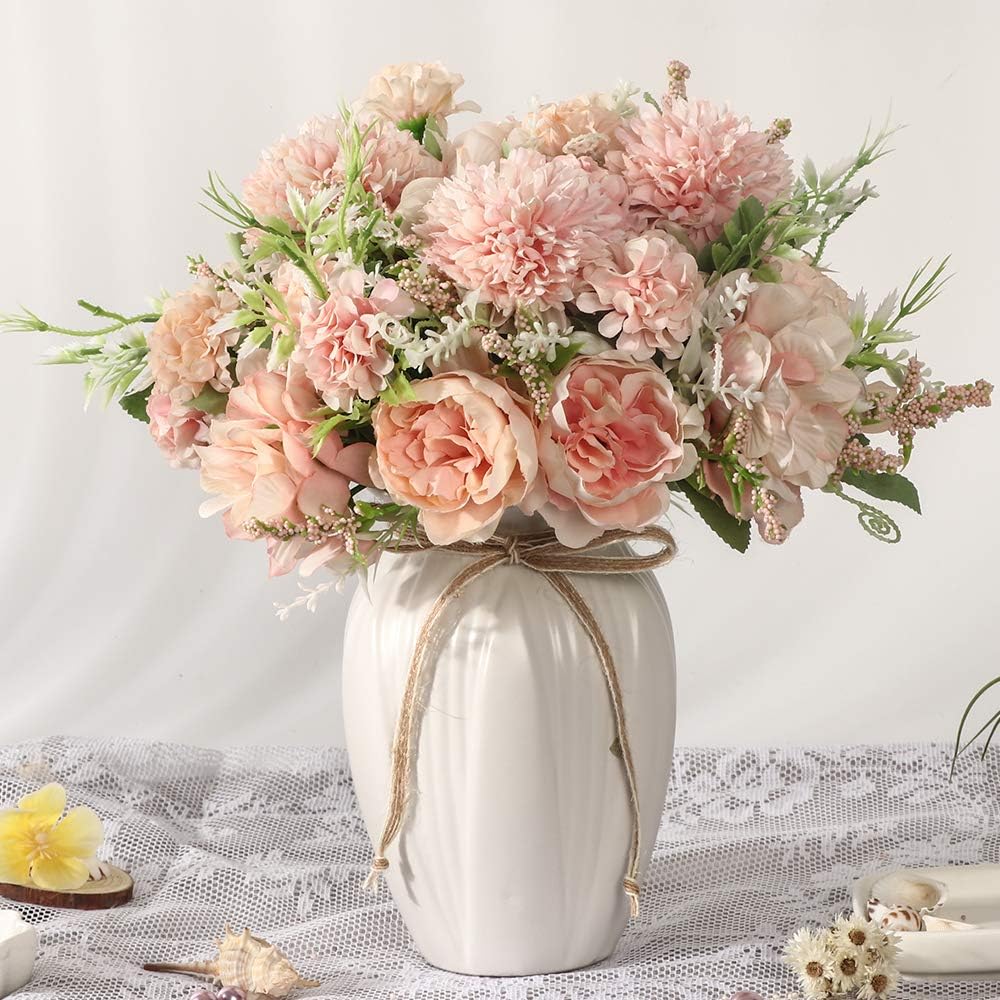 Peonies Artificial Flowers in Vase, Fake Hydrangea Silk Peony Flower Bouquet with Vase Faux Flowers Arrangement Decor Home Table Dining Room (Blue)