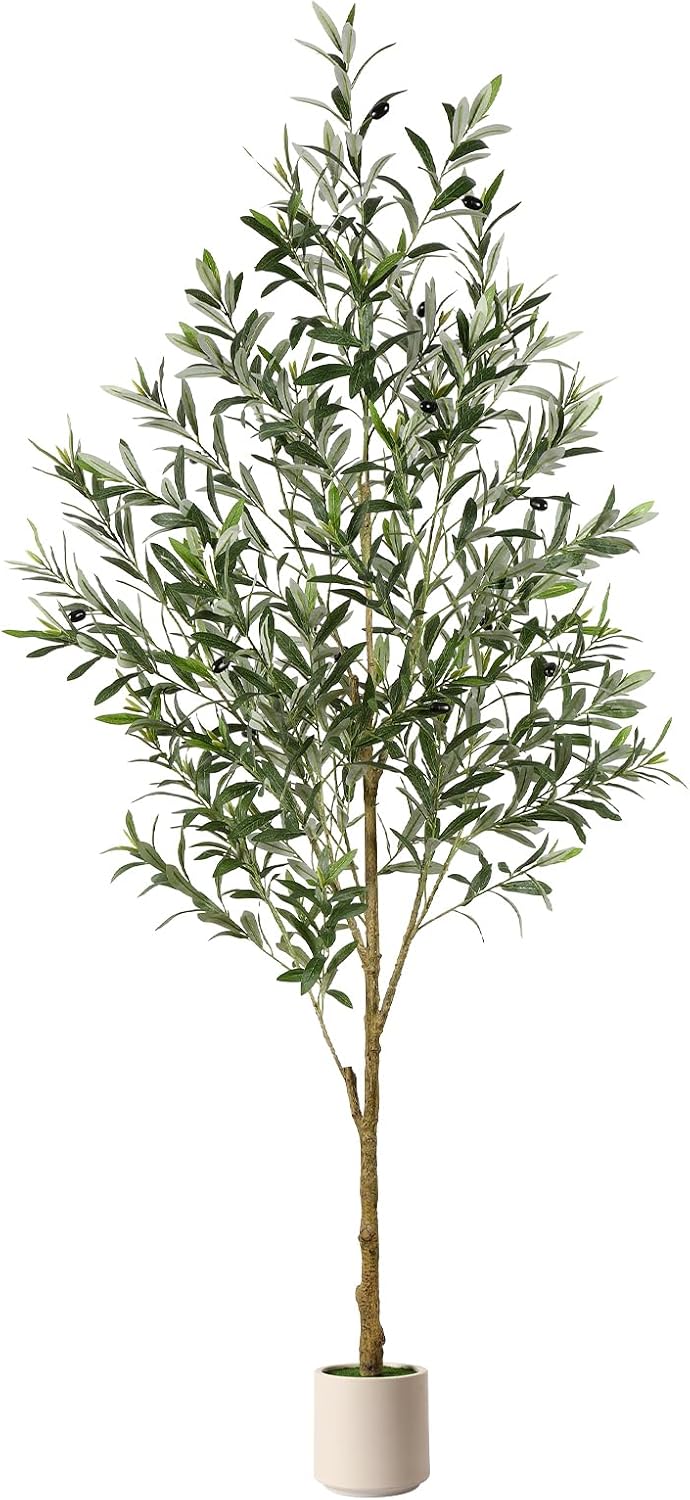 6FT Artificial Olive Trees, Faux Silk Plant with Lively Artifical Trunk and Lifelike Fruits, Indoor Fake Potted Tree with White Planter for Modern Home Office Living Room Decor