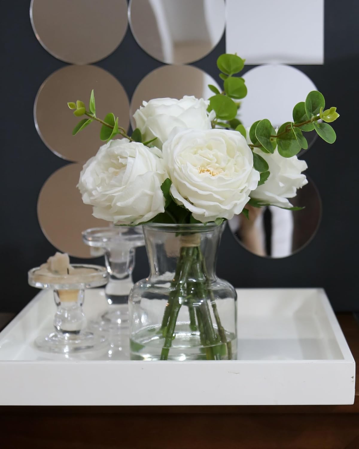 Artificial Flowers with White Roses in Vase, Fix Lifelike Fake Flowers in Vase with Artificial Water, Faux Flower Arrangements for Dining Table Centerpiece Decor