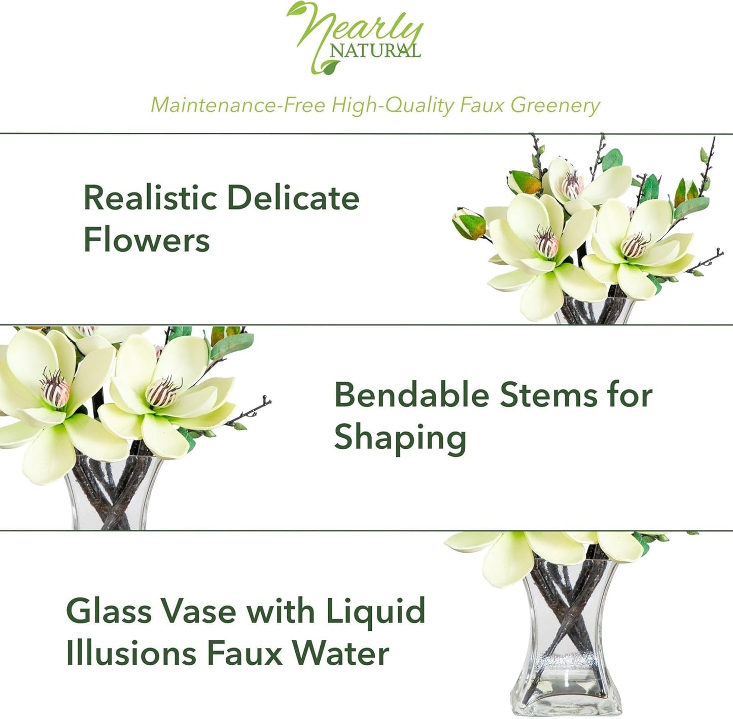 Nearly Natural 4534-WH Magnolia Arrangement with Vase,White