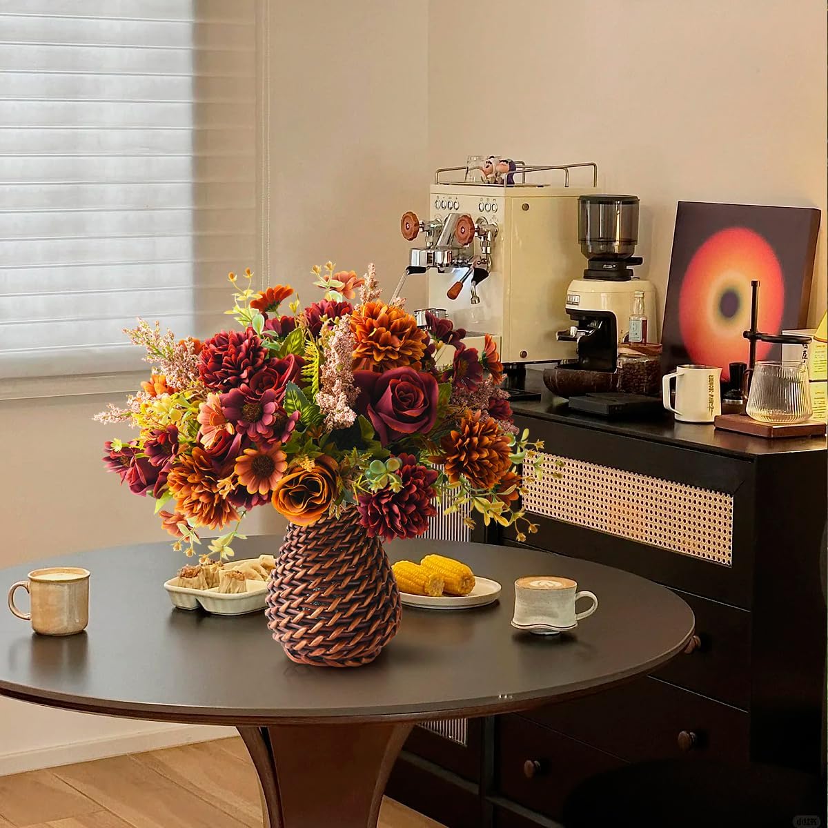 Artificial Faux Flowers in Vase, Fake Silk Floral Arrangements Rose Bouquets with Handmade Rattan Vase, Farmhouse Table Decorations Centerpieces for Dinning Room Kitchen Office Desktop (Brown)