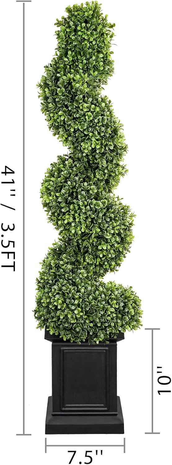 Boxwood Outdoor Topiary Set of 2, 3.5ft Tall Porch Trees, All-Year Green Fake Plant Topiary Trees Artificial Outdoor with Sturdy Pot for Porch Indoor (Spiral)