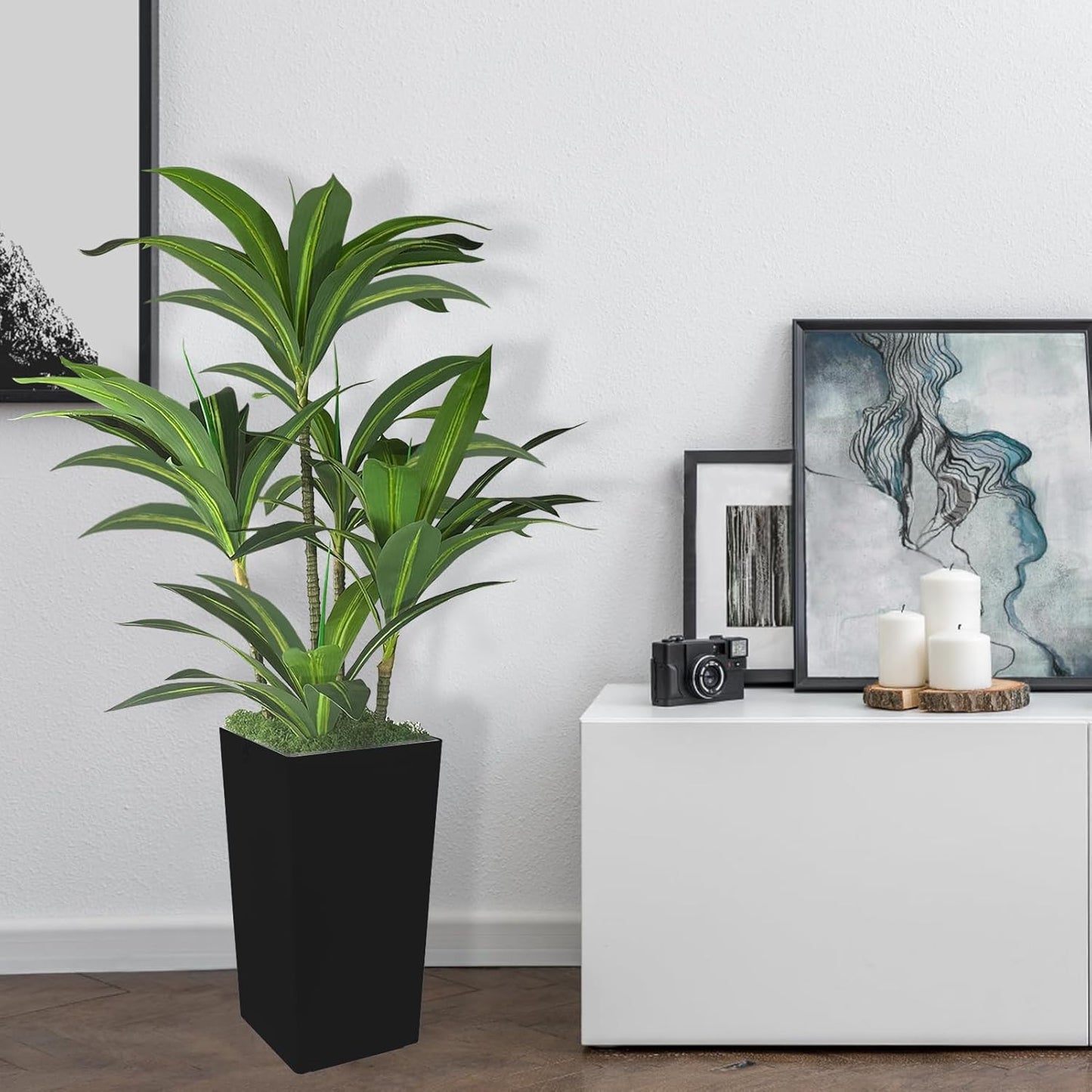 Artificial Dracaena Tree 5FT with Black Tall Planter and Fake Green Moss,(Real Touch) Artificial Plants Indoor,Fake Tree for Home Office Decor,Housewarming(Black)