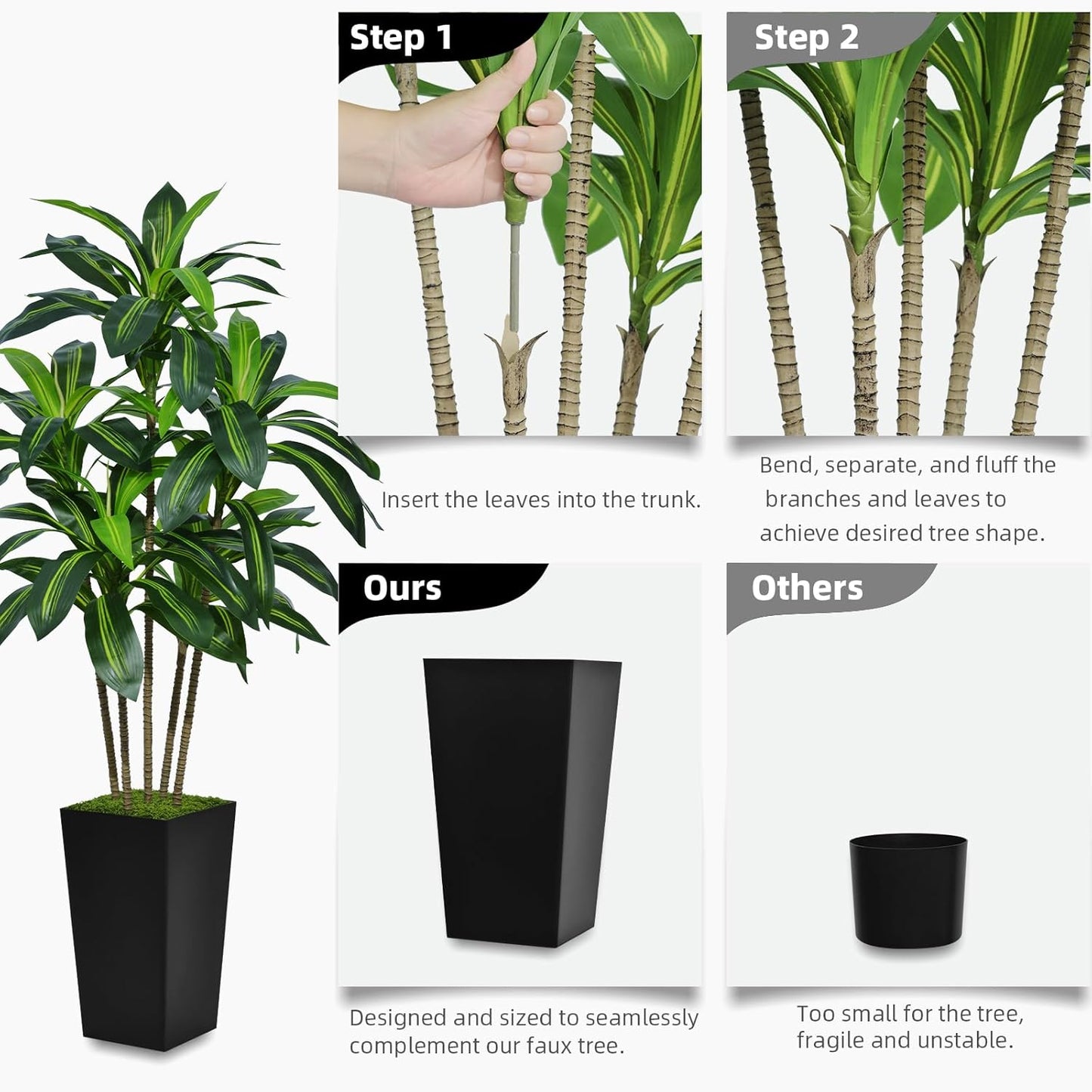 Artificial Dracaena Tree 5FT - Faux Tree with White Tall Planter - Fake Tropical Yucca Floor Plant in Pot - Artificial Silk Tree for Home Office Living Room Decor Indoor