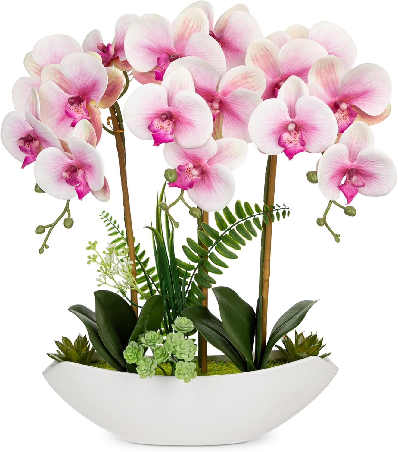Briful Orchid Artificial Flowers 18in White Fake Orchid Silk Flowers with Ceramic Pot Faux Orchid Arrangement for Home Office Room Coffee Table Centerpiece Modern Decoration