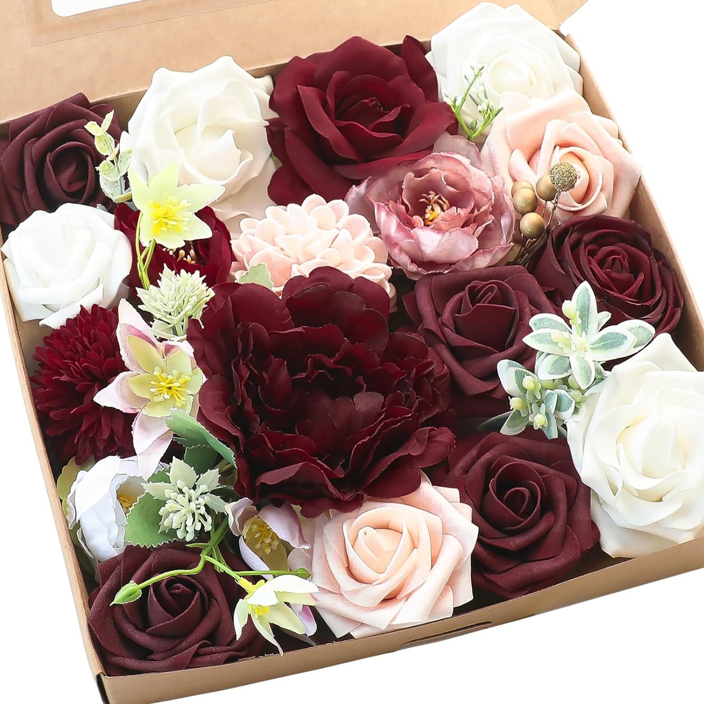 Floroom Terracotta Artificial Flowers Burnt Orange Fake Roses Peonies Dahlia Greenery Combo Box Set for DIY Wedding Bouquets Bridal Shower Centerpieces Floral Arrangements Party Tables Home Decoration