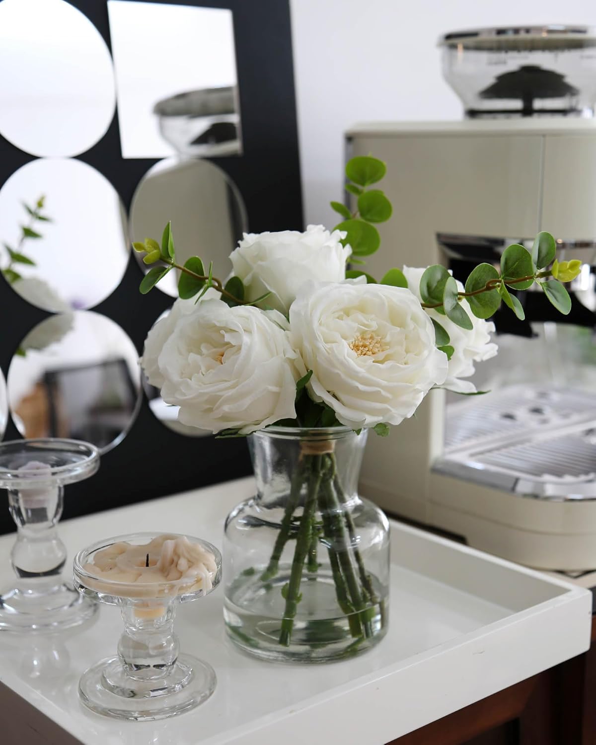 Artificial Flowers with White Roses in Vase, Fix Lifelike Fake Flowers in Vase with Artificial Water, Faux Flower Arrangements for Dining Table Centerpiece Decor