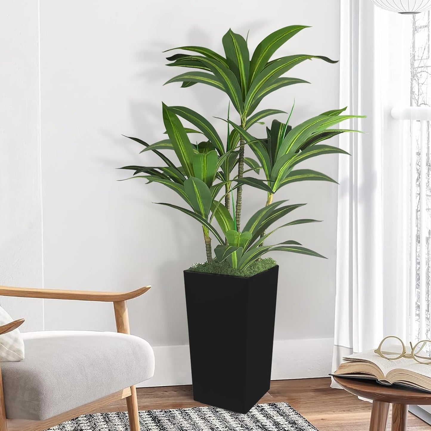 Artificial Dracaena Tree 5FT with Black Tall Planter and Fake Green Moss,(Real Touch) Artificial Plants Indoor,Fake Tree for Home Office Decor,Housewarming(Black)