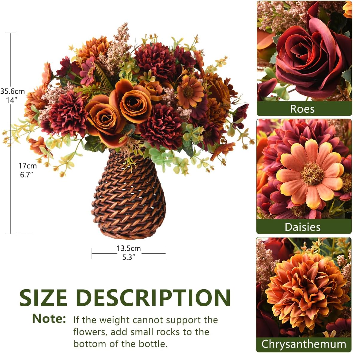 Artificial Faux Flowers in Vase, Fake Silk Floral Arrangements Rose Bouquets with Handmade Rattan Vase, Farmhouse Table Decorations Centerpieces for Dinning Room Kitchen Office Desktop (Brown)