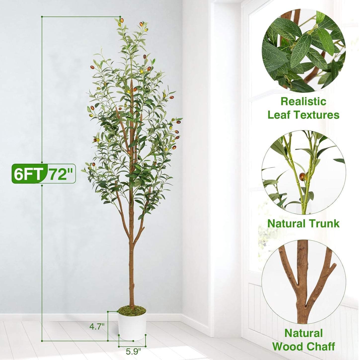 6FT Artificial Olive Tree - Indoor Tall Faux Olive Trees with Planter&Basket, Large Fake Olive Silk Tree Realistic Olive Plants with Branches and Fruits for Home Decor Office Living Room