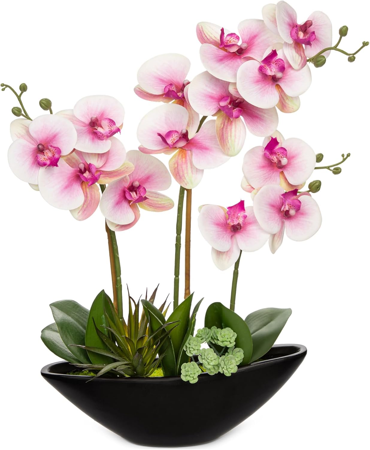 Briful Orchid Artificial Flowers 18in White Fake Orchid Silk Flowers with Ceramic Pot Faux Orchid Arrangement for Home Office Room Coffee Table Centerpiece Modern Decoration