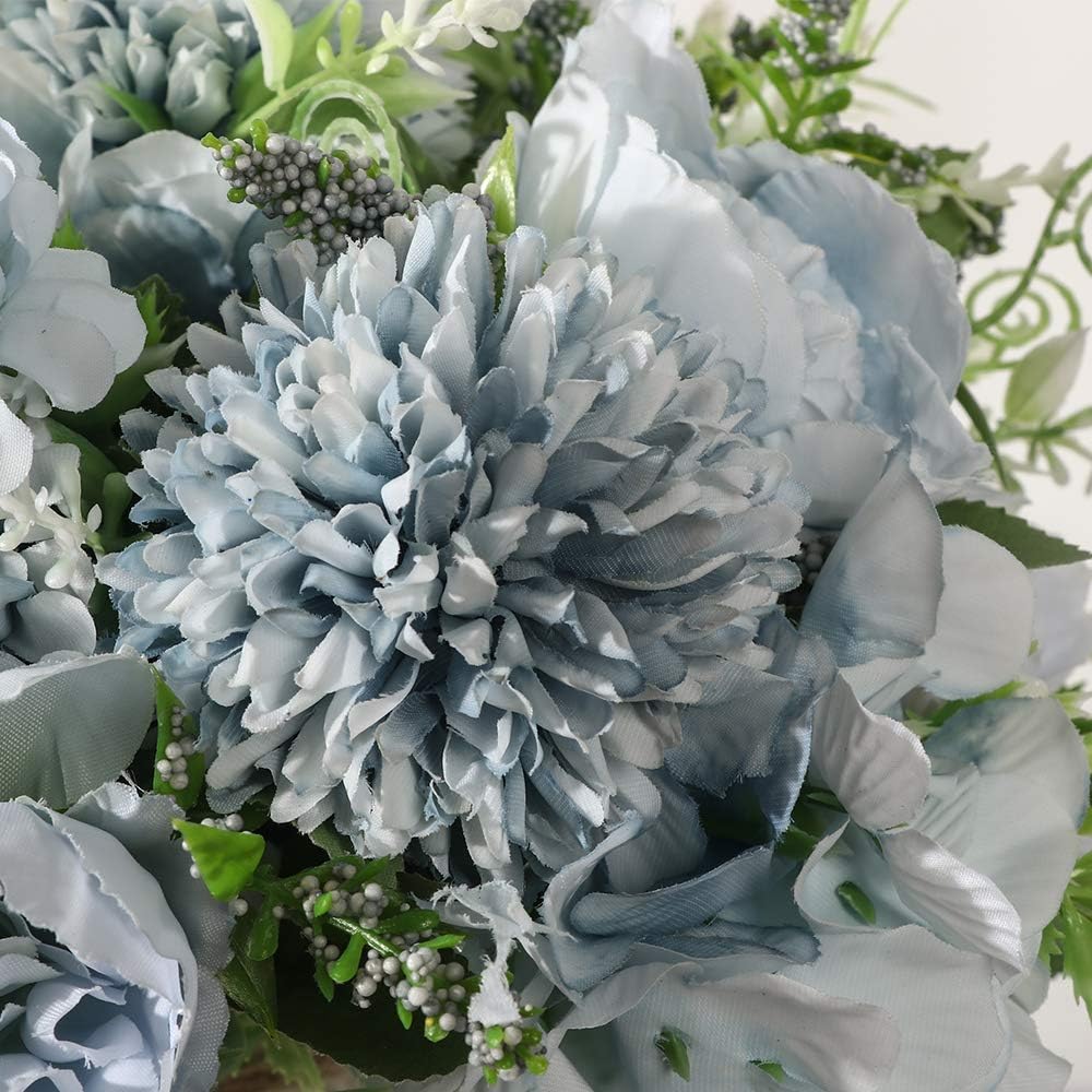 Peonies Artificial Flowers in Vase, Fake Hydrangea Silk Peony Flower Bouquet with Vase Faux Flowers Arrangement Decor Home Table Dining Room (Blue)