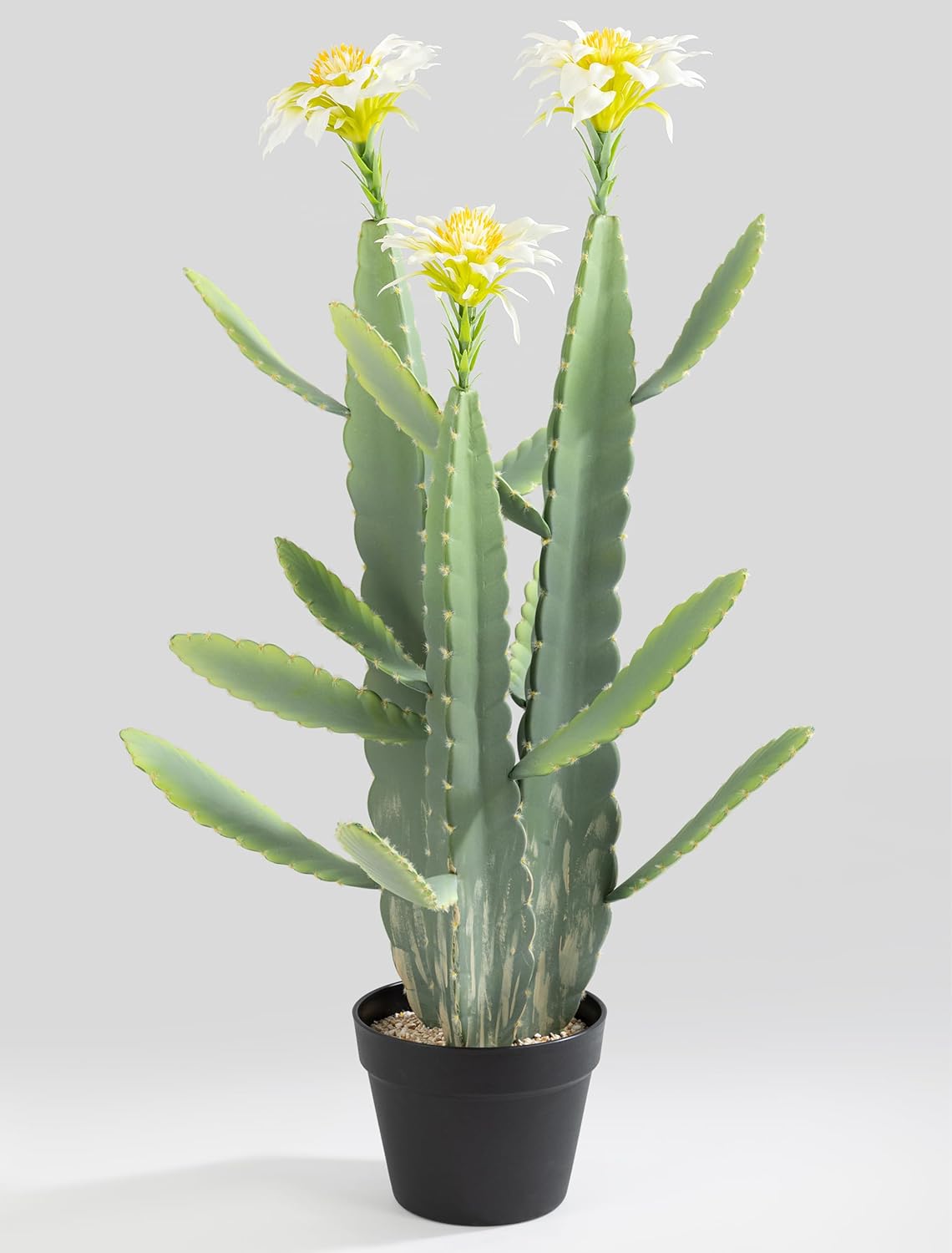 33 Inch Large Artificial Cactus with Magenta Flowers in Pot with Natural Gravel. Satin Finish Leaves with Real Look and Feel. Outdoor and Indoor Faux Plants.