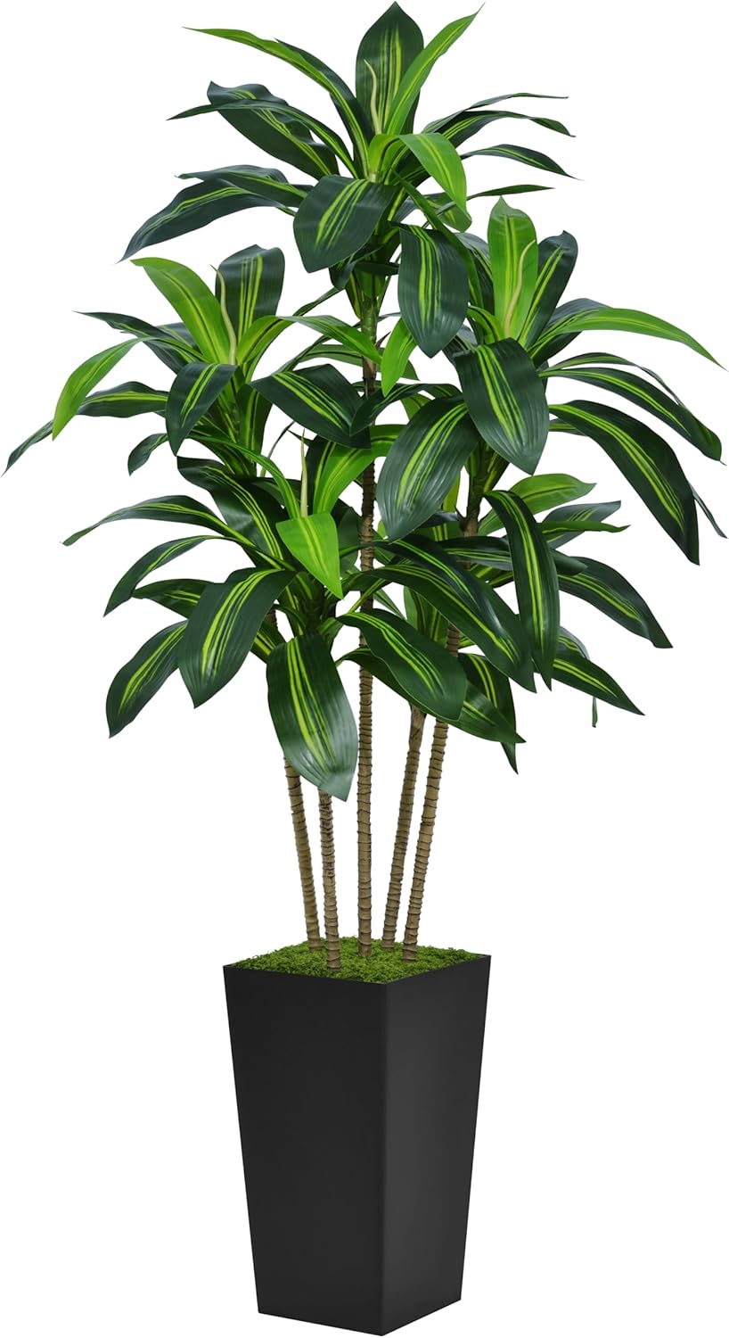 Artificial Dracaena Tree 5FT - Faux Tree with White Tall Planter - Fake Tropical Yucca Floor Plant in Pot - Artificial Silk Tree for Home Office Living Room Decor Indoor