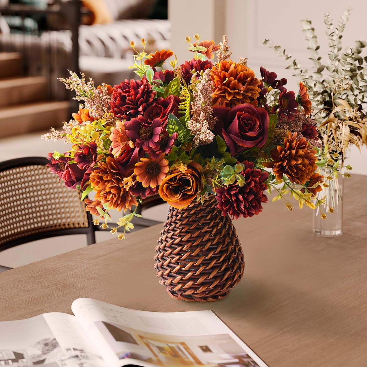 Artificial Faux Flowers in Vase, Fake Silk Floral Arrangements Rose Bouquets with Handmade Rattan Vase, Farmhouse Table Decorations Centerpieces for Dinning Room Kitchen Office Desktop (Brown)