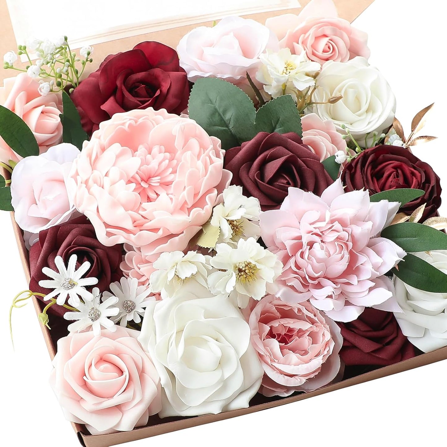 Floroom Terracotta Artificial Flowers Burnt Orange Fake Roses Peonies Dahlia Greenery Combo Box Set for DIY Wedding Bouquets Bridal Shower Centerpieces Floral Arrangements Party Tables Home Decoration