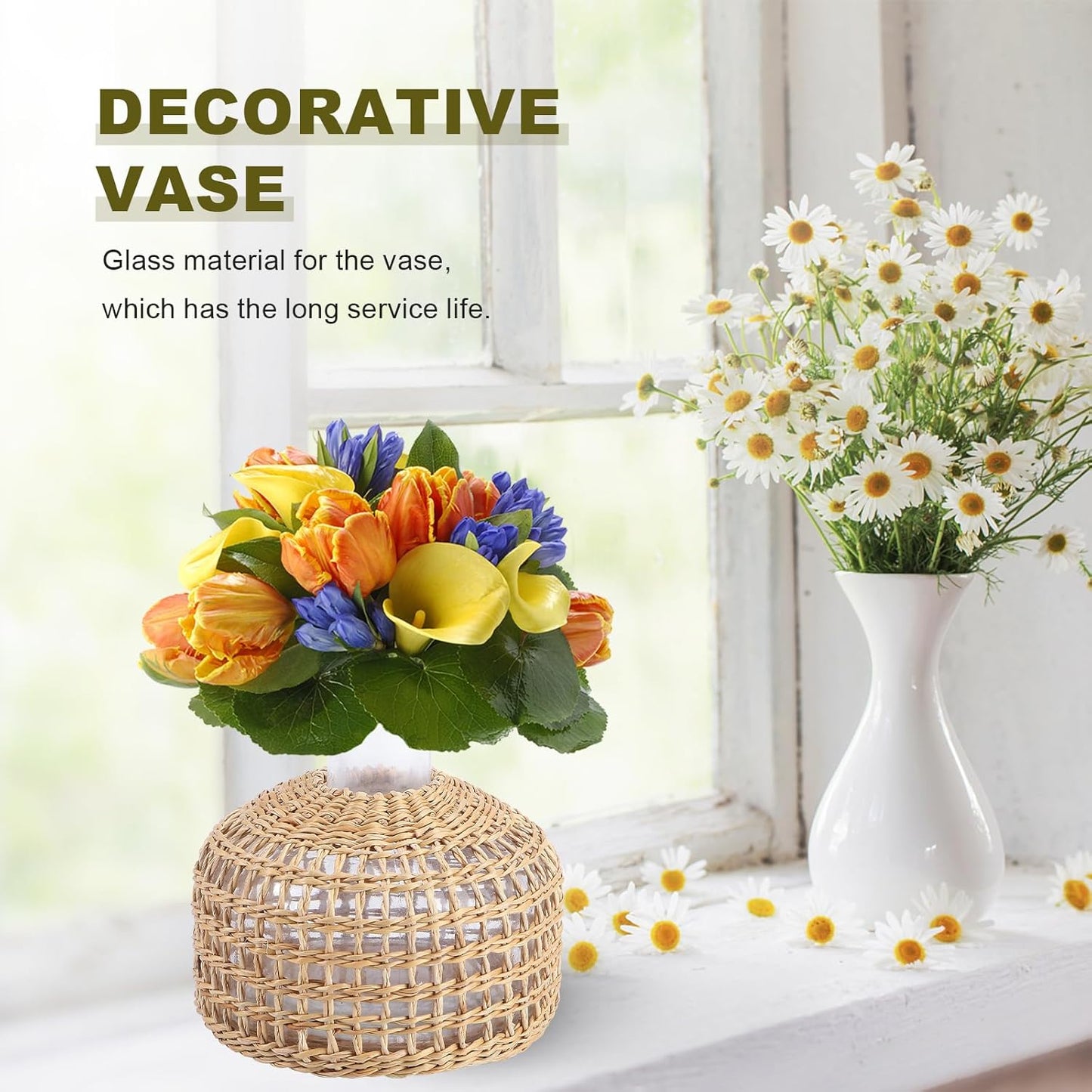 DOITOOL Glass Flower Vase with Rattan Cover, Farmhouse Flower Bud Vase, Round Decorative Flower Vase Floral Container Flower Bottle for Floral Arrangements Housewarming Party Home Decor (L+XS) Khaki