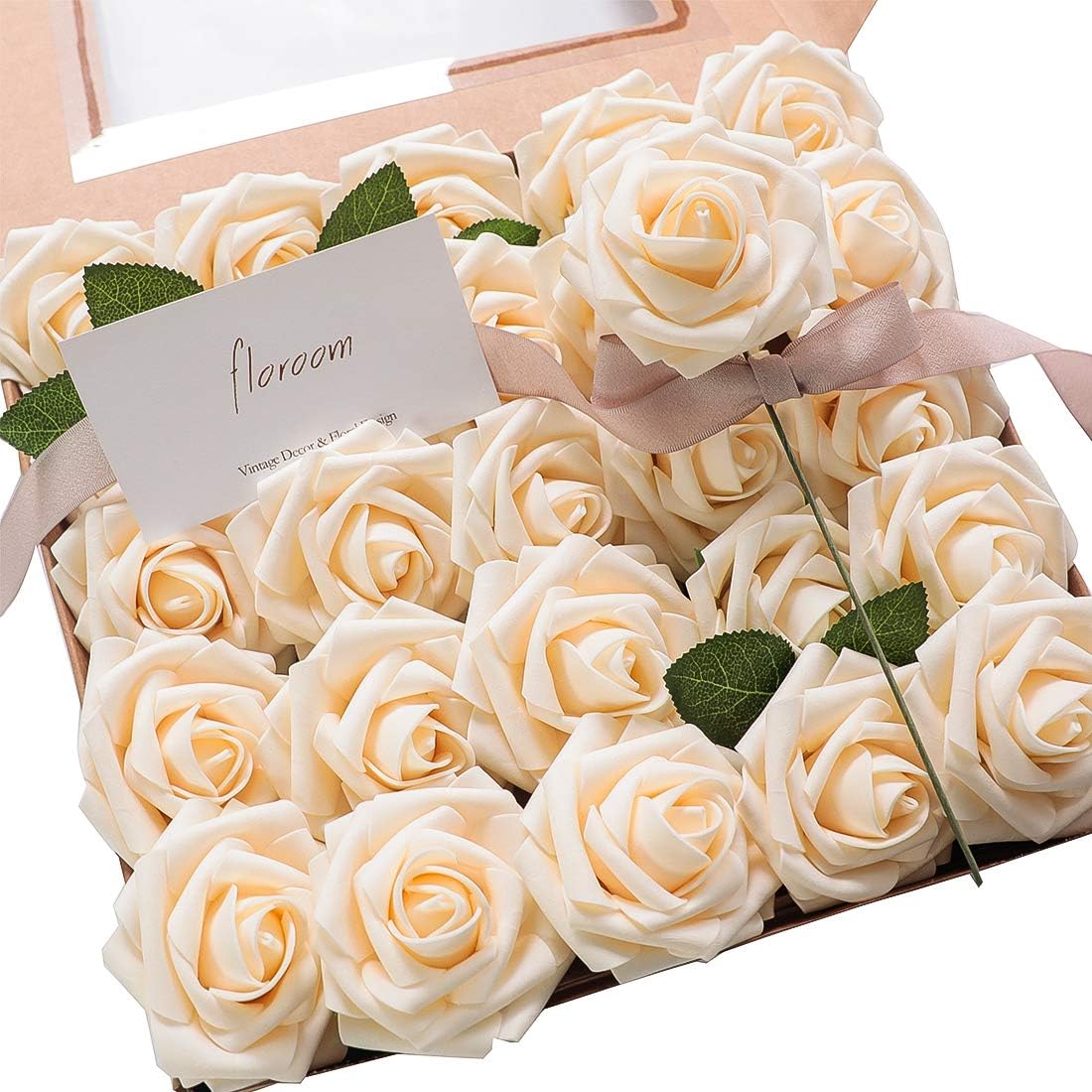 Floroom Artificial Flowers 50pcs Real Looking Ivory Foam Fake Roses with Stems for DIY Wedding Bouquets White Baby Shower Centerpieces Floral Arrangements Party Tables Home Decorations