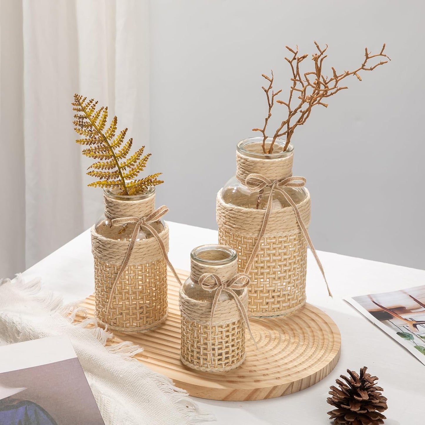 Hollyone 3Pcs Flower Vase Glass Vase with Cotton Rope Cover Woven Glass Vase Decorative Flower Bottle Modern Vase for Table Centerpiece Farmhouse Wedding Home Decor
