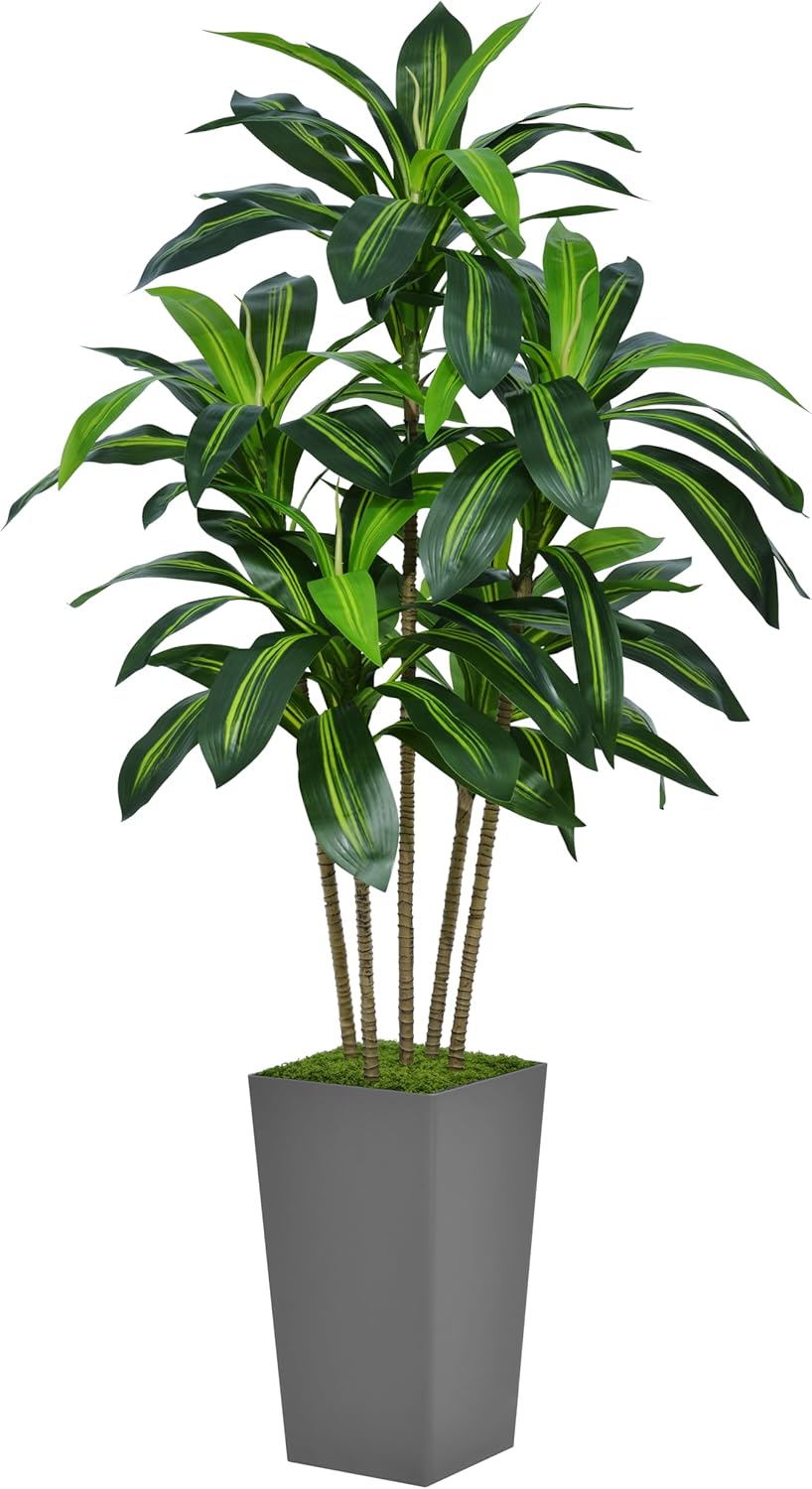 Artificial Dracaena Tree 5FT - Faux Tree with White Tall Planter - Fake Tropical Yucca Floor Plant in Pot - Artificial Silk Tree for Home Office Living Room Decor Indoor