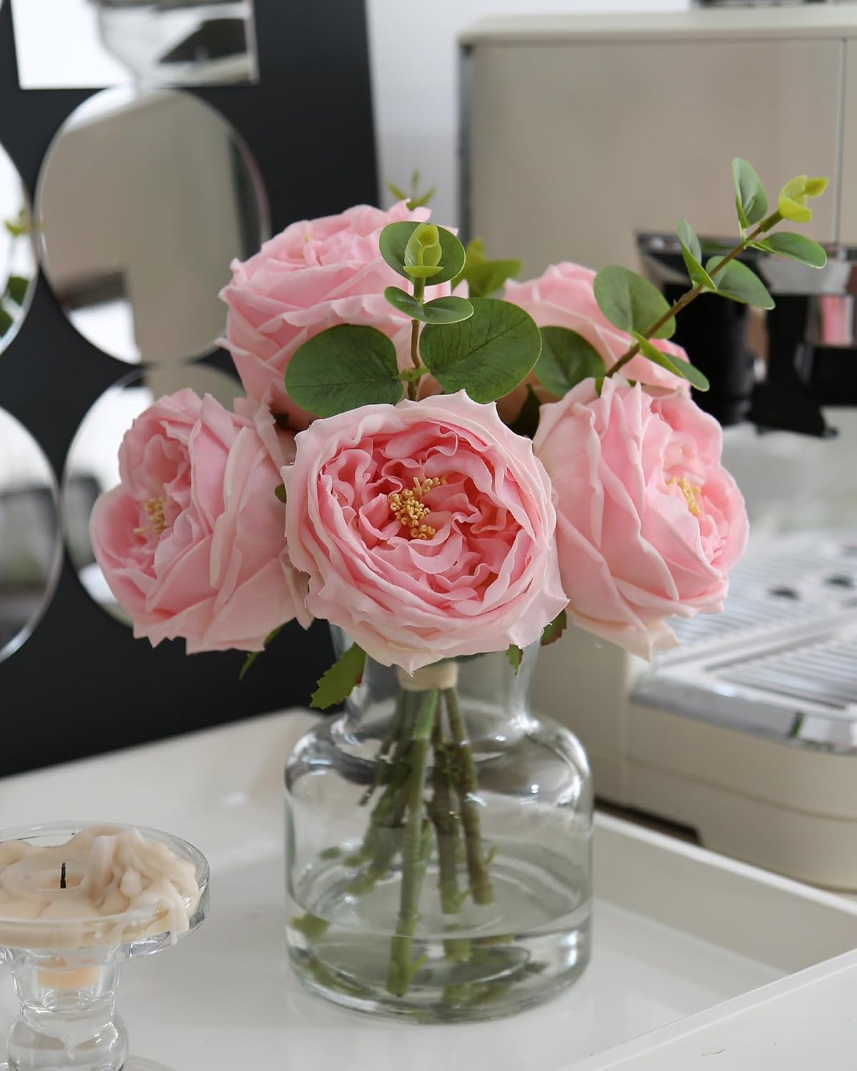 Artificial Flowers with White Roses in Vase, Fix Lifelike Fake Flowers in Vase with Artificial Water, Faux Flower Arrangements for Dining Table Centerpiece Decor