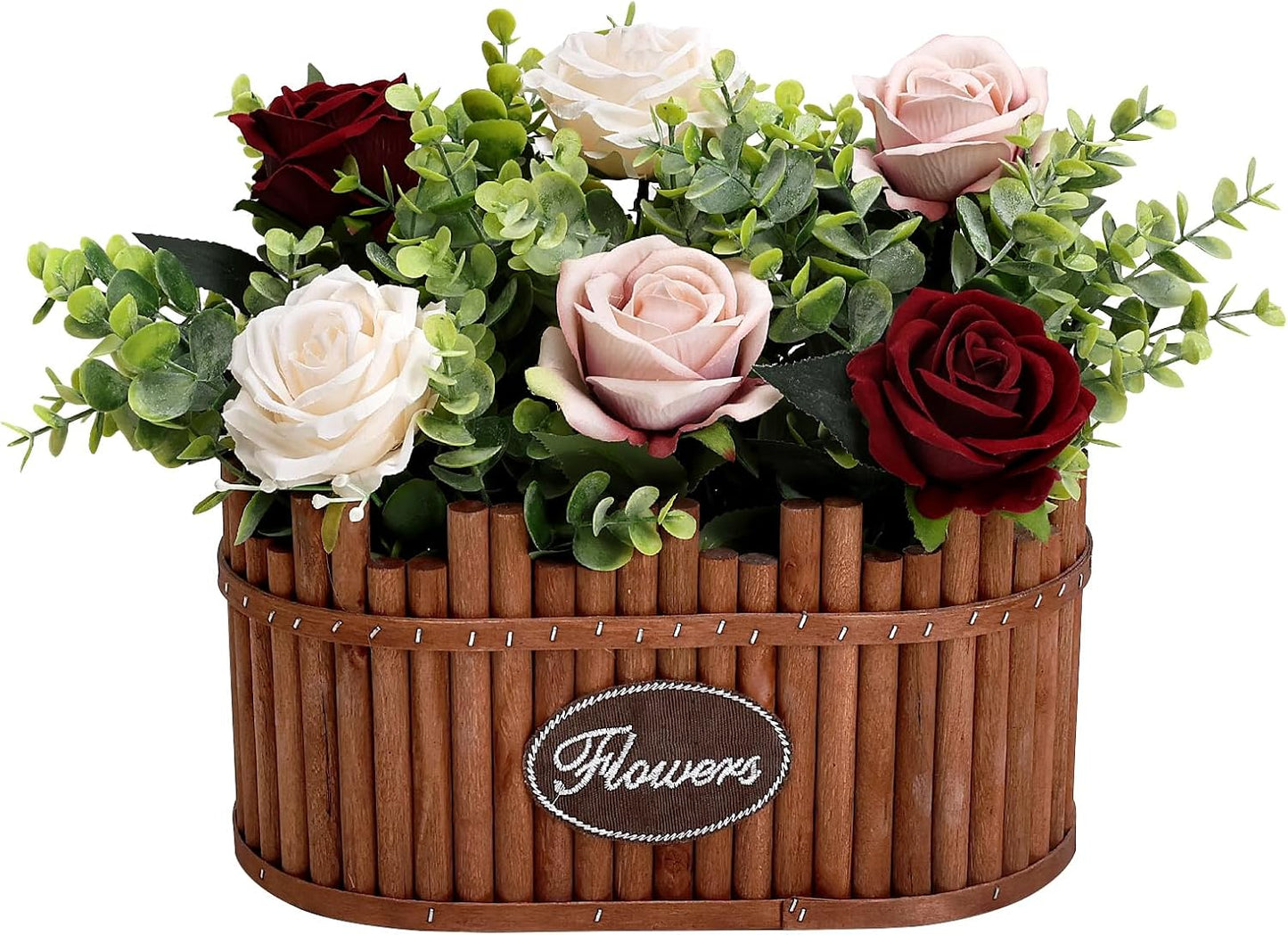 Dining Table Centerpiece Decor - Pre-Made Artificial Flower Arrangement Fake Floral with Wooden Vase for Farmhouse Kitchen Bathroom Living Room Decorations (Burgundy Champagne)