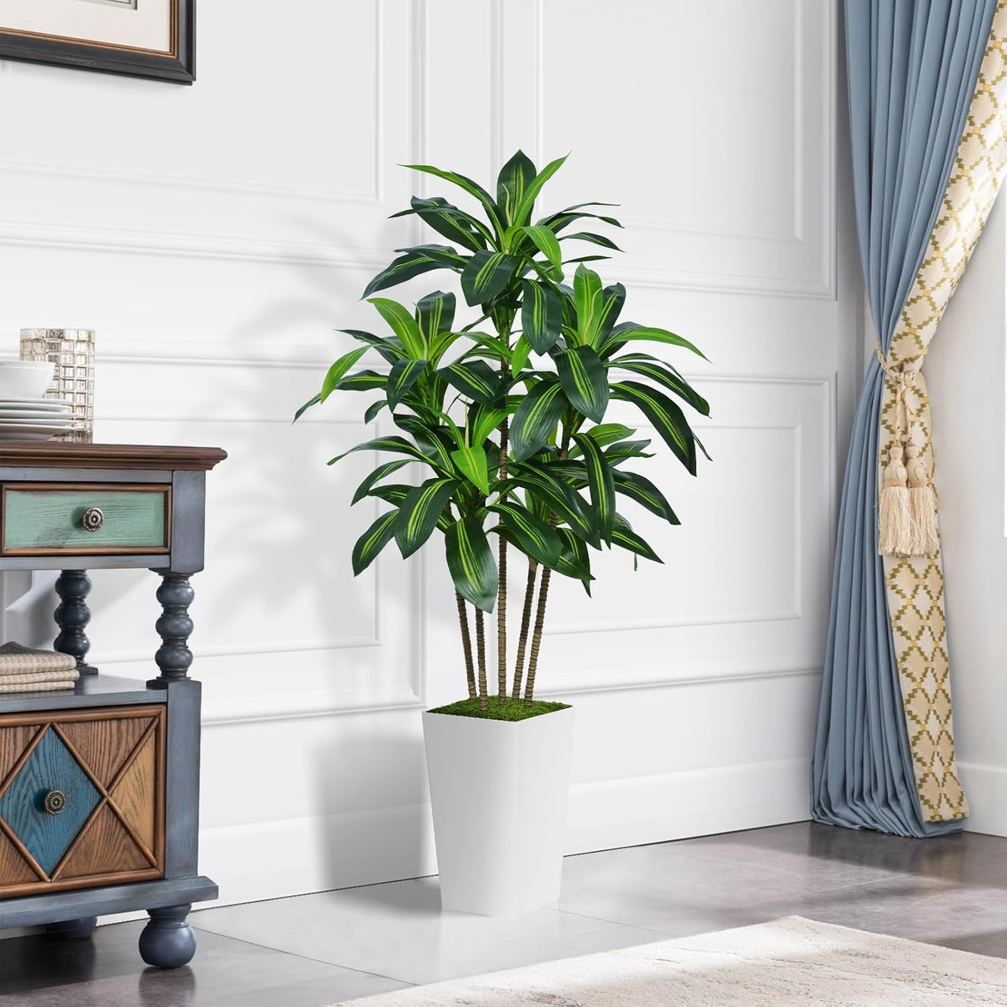 Artificial Dracaena Tree 5FT - Faux Tree with White Tall Planter - Fake Tropical Yucca Floor Plant in Pot - Artificial Silk Tree for Home Office Living Room Decor Indoor