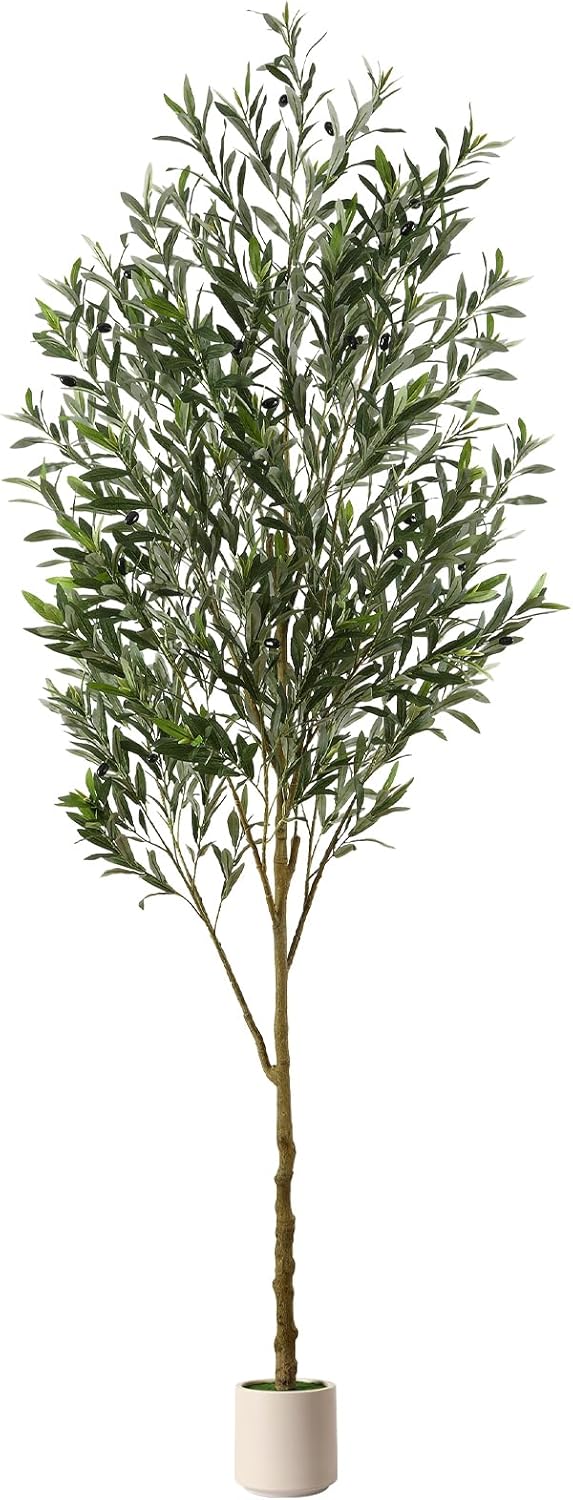6FT Artificial Olive Trees, Faux Silk Plant with Lively Artifical Trunk and Lifelike Fruits, Indoor Fake Potted Tree with White Planter for Modern Home Office Living Room Decor