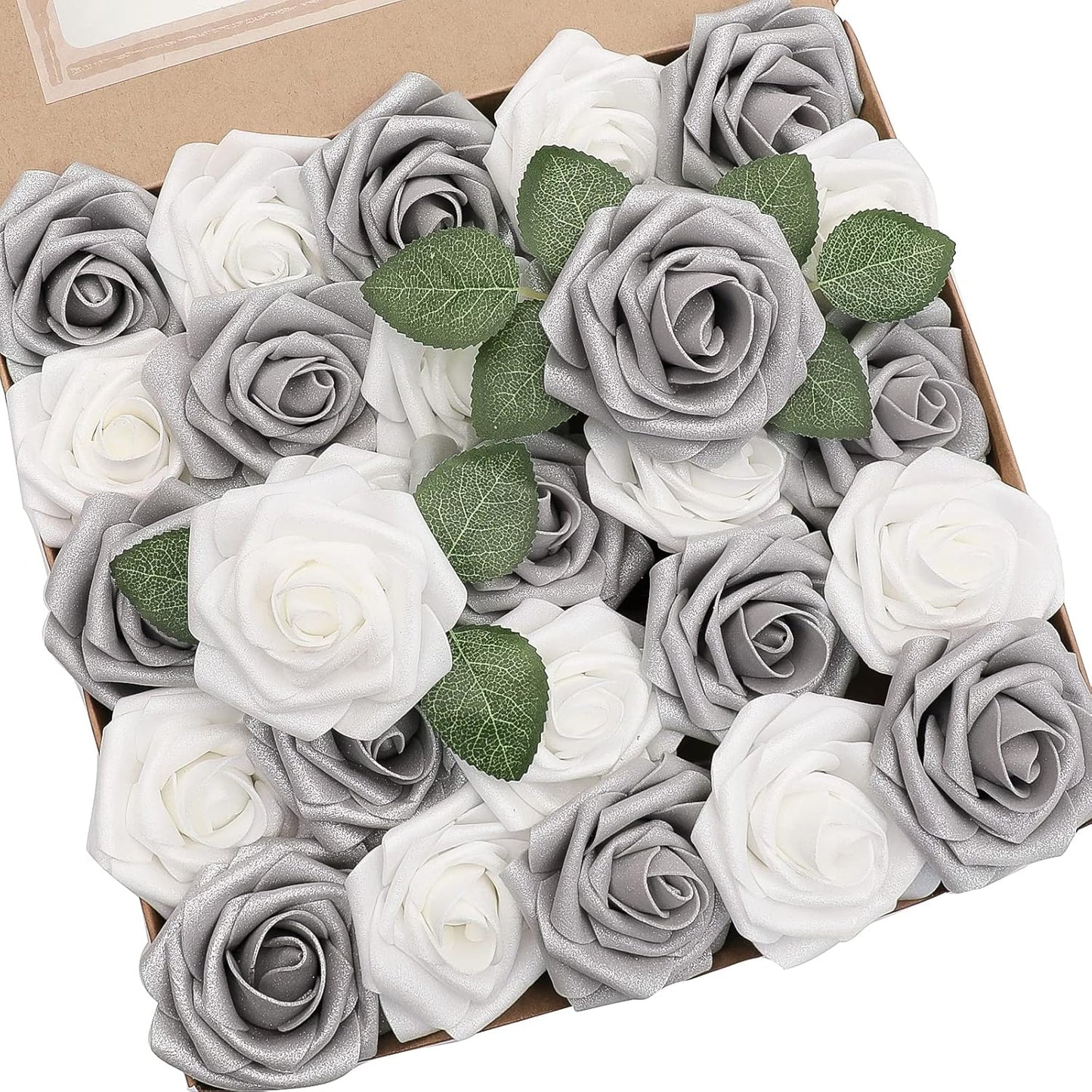Floroom Artificial Flowers 50pcs Real Looking Ivory Foam Fake Roses with Stems for DIY Wedding Bouquets White Baby Shower Centerpieces Floral Arrangements Party Tables Home Decorations