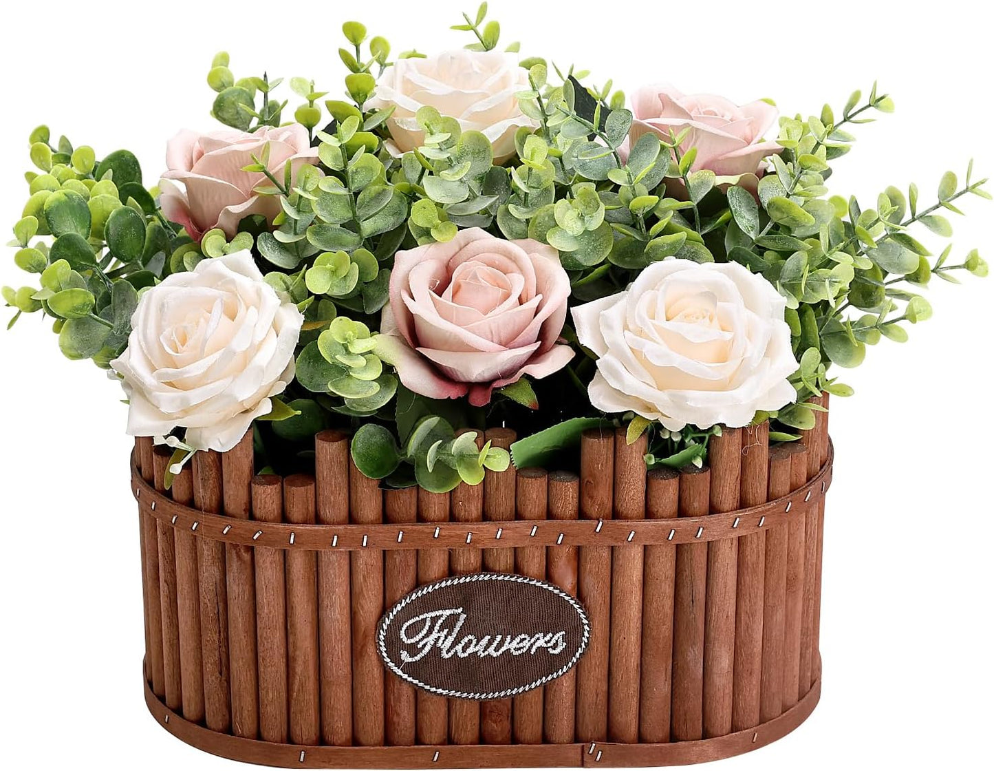 Dining Table Centerpiece Decor - Pre-Made Artificial Flower Arrangement Fake Floral with Wooden Vase for Farmhouse Kitchen Bathroom Living Room Decorations (Burgundy Champagne)