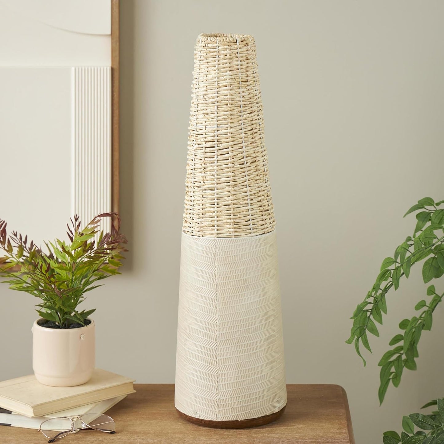 Deco 79 Rattan Geometric Handmade Decorative Vase Woven Centerpiece Vase with Beige Metal Base and Abstract Linear Markings, Vase for Home Decoration 8" x 8" x 26", Light Brown