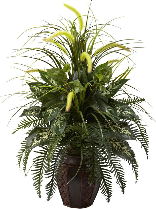 Nearly Natural 6727 3ft. Mixed Greens & Cattails with Planter, 26 x 26 x 36 inches, Green