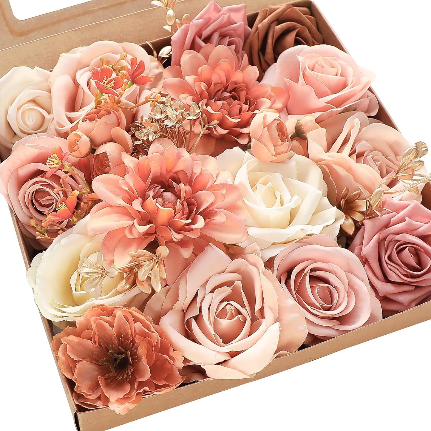 Floroom Terracotta Artificial Flowers Burnt Orange Fake Roses Peonies Dahlia Greenery Combo Box Set for DIY Wedding Bouquets Bridal Shower Centerpieces Floral Arrangements Party Tables Home Decoration