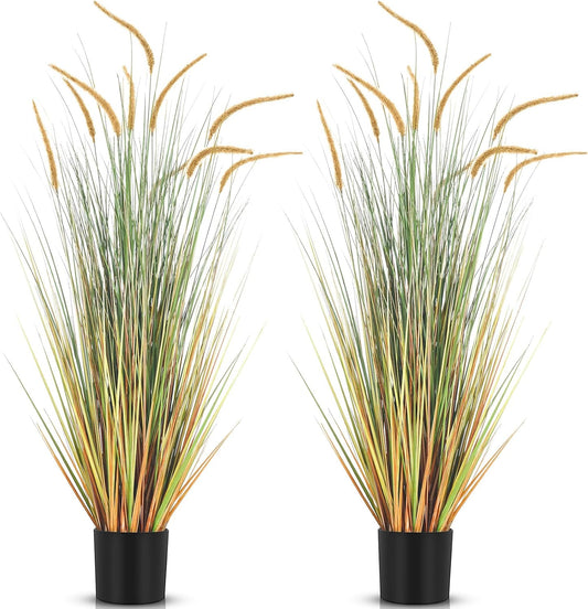 Jexine 2 Pieces Faux Plants Outdoor 4 ft Tall Artificial Grass Plant Potted Artificial Setaria Grass Faux Greenery Floor Plants for Housewarming Gift House Garden Bathroom Lobby Outdoor (Autumn Green)