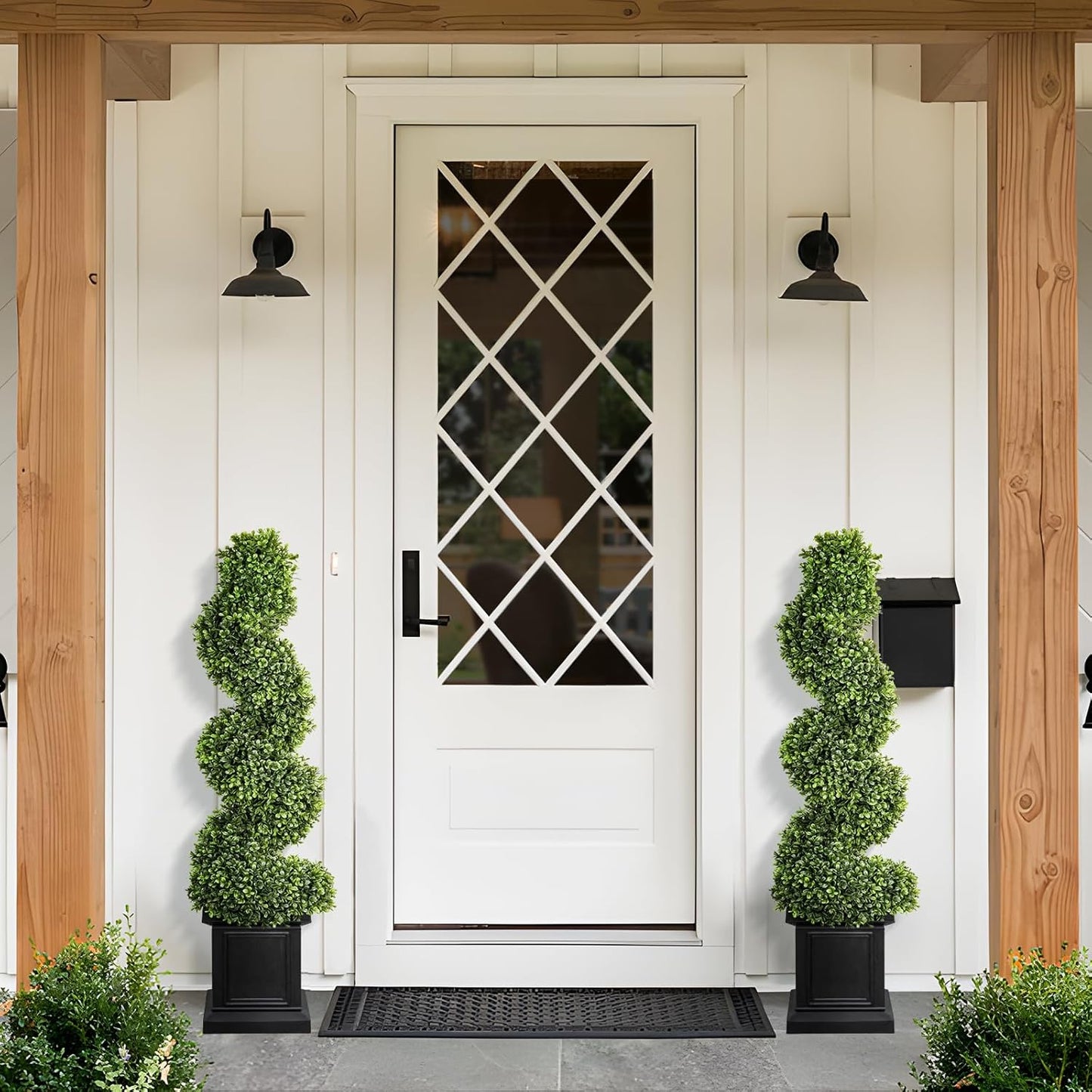 Boxwood Outdoor Topiary Set of 2, 3.5ft Tall Porch Trees, All-Year Green Fake Plant Topiary Trees Artificial Outdoor with Sturdy Pot for Porch Indoor (Spiral)