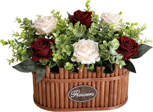 Dining Table Centerpiece Decor - Pre-Made Artificial Flower Arrangement Fake Floral with Wooden Vase for Farmhouse Kitchen Bathroom Living Room Decorations (Burgundy Champagne)