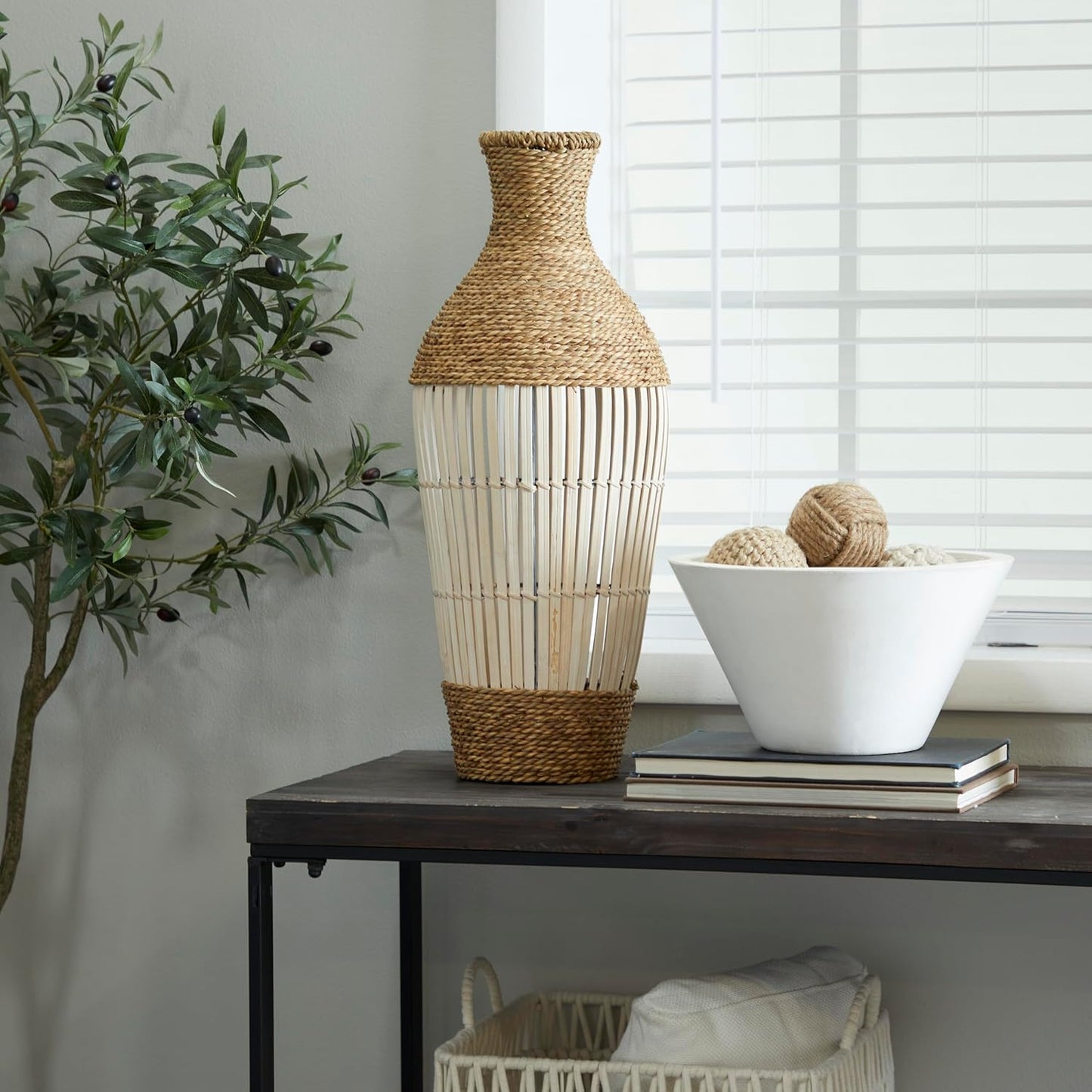 Deco 79 Seagrass Handmade Decorative Vase Wrapped Tall Floor Centerpiece Vase with Open Framed Cream Bamboo Center, Vase for Home Decoration 10" x 10" x 25", Brown