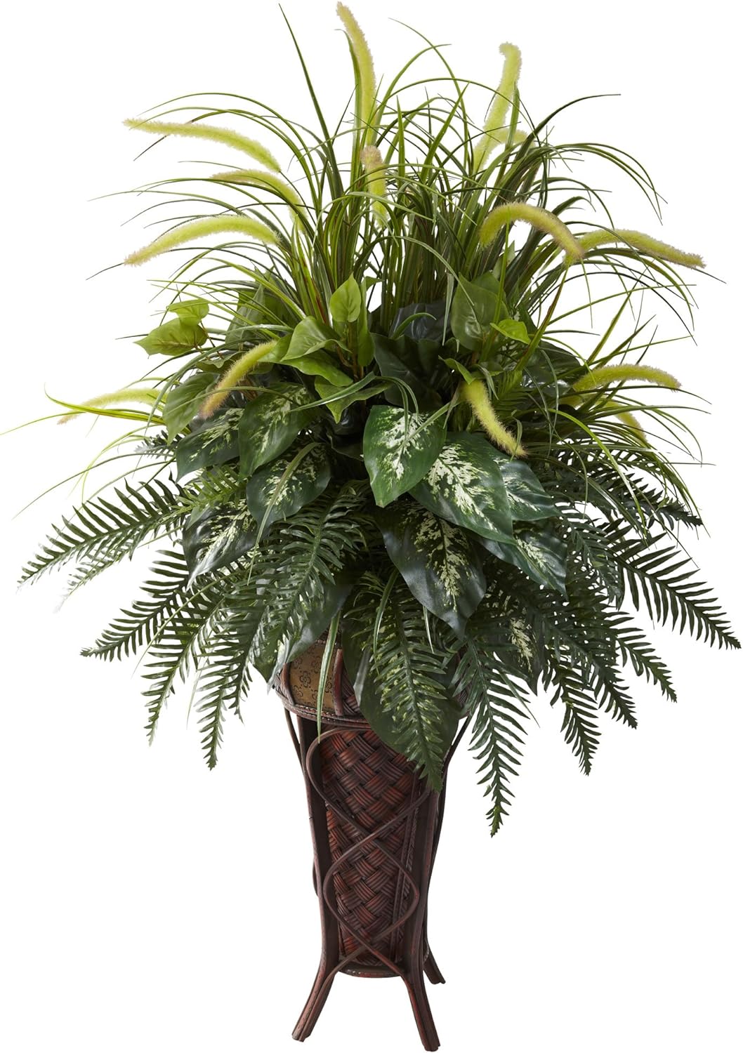 Nearly Natural 6727 3ft. Mixed Greens & Cattails with Planter, 26 x 26 x 36 inches, Green