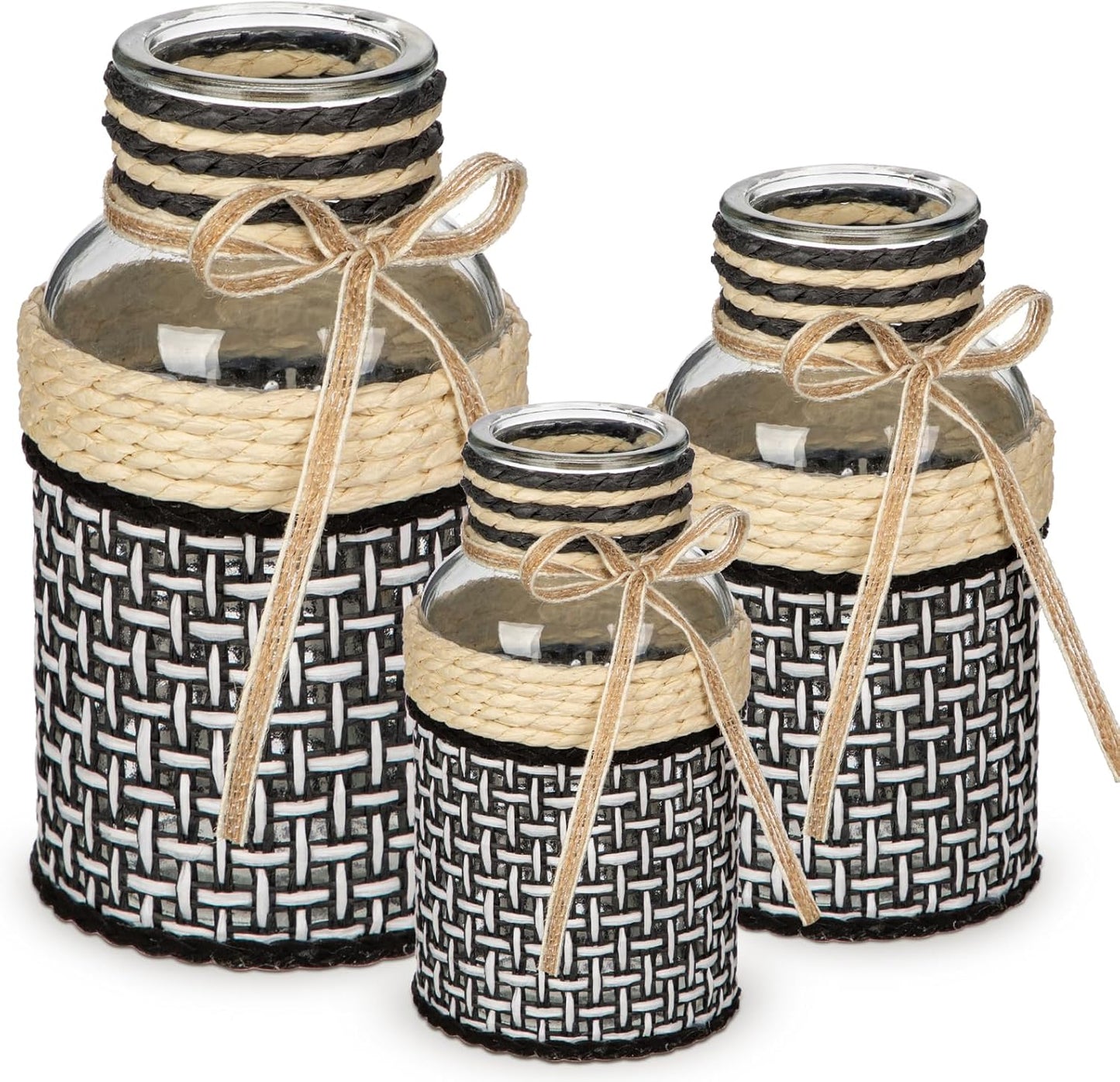 Hollyone 3Pcs Flower Vase Glass Vase with Cotton Rope Cover Woven Glass Vase Decorative Flower Bottle Modern Vase for Table Centerpiece Farmhouse Wedding Home Decor