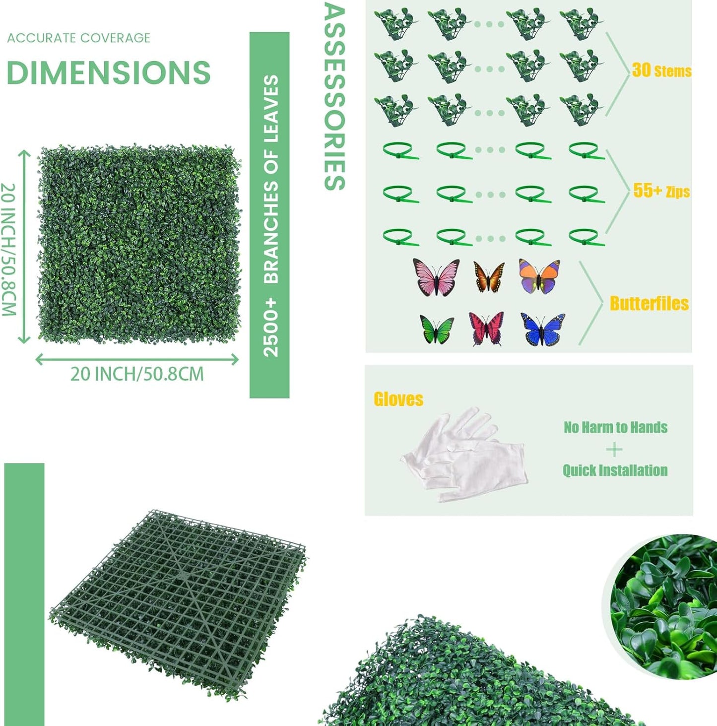 12 Pieces 20” X 20” Artificial Hedge Boxwood Panels Boxwood Hedge Grass Wall Green Greenery Plant Mats UV Stable for Indoor Outdoor Decor Garden Fence